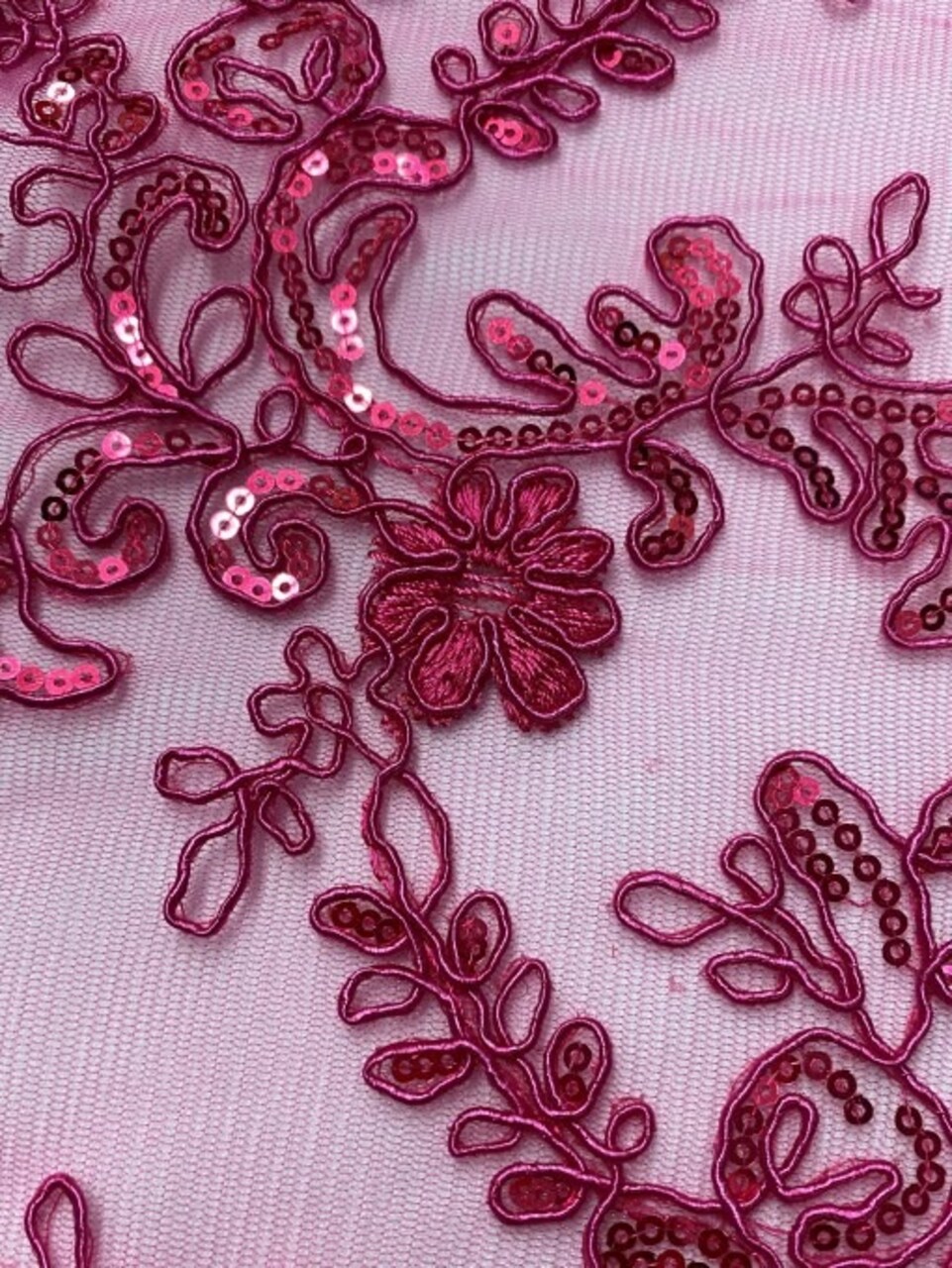 1 Yard Fuchsia Corded Sequin Lace Mesh Fabric with Scalloped Edge 54” Wide